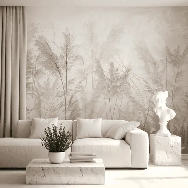 Elegant living room with beige botanical wallpaper, white sofa, and minimal decor in Dubai