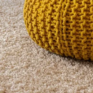 beige carpet flooring styled with modern furniture and pouf in a living space.