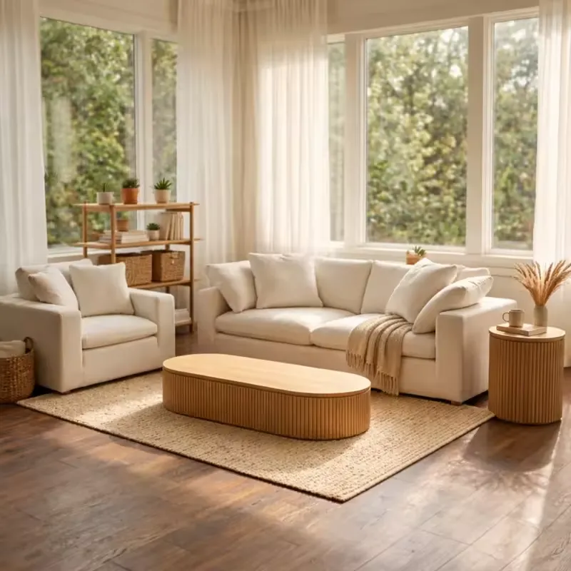 Top view of a cream upholstered sofa in a contemporary Dubai interior with rug and marble table.