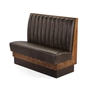 cream dining booth upholstery with vertical stitched panels and dark seat.