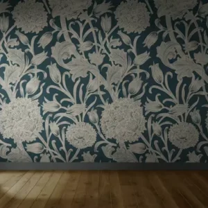 dark floral wallpaper in a classic room with wooden flooring.