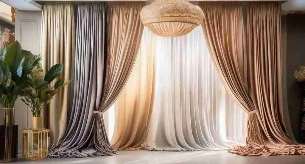 Premium layered blackout curtains with sheer panels displayed in an Abu Dhabi curtain showroom.