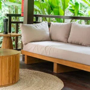 grey outdoor sofa cushions made with weatherproof fabric for garden use.