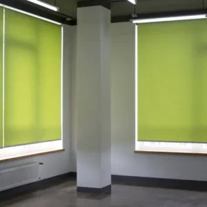 Automated curtain blinds in a modern smart home interior.