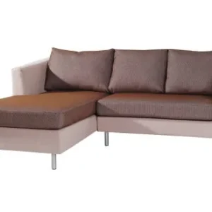 modern L shaped sofa with soft fabric upholstery in spacious living room.