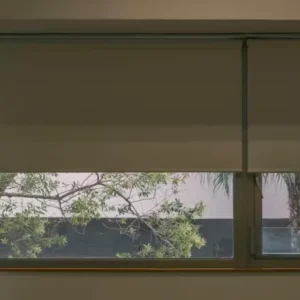 Wide light-filtering roller blinds allowing soft natural light indoors.