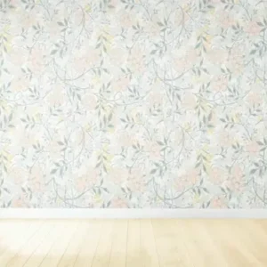 light floral wallpaper in a bright minimal room with wooden floor.