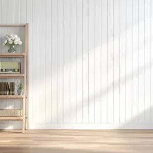 light vertical wall panels with wooden shelf and minimal home decor.