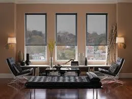 Sunscreen blinds in a modern home allowing filtered sunlight