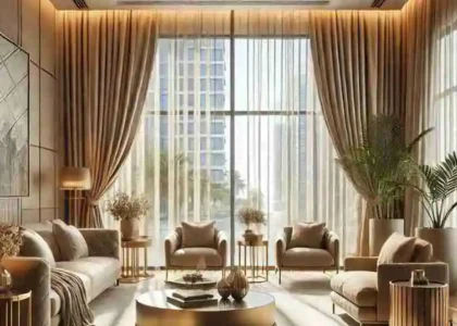 Luxury beige blackout curtains covering a large bedroom window in a modern Abu Dhabi apartment interior.