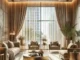 Luxury beige blackout curtains covering a large bedroom window in a modern Abu Dhabi apartment interior.