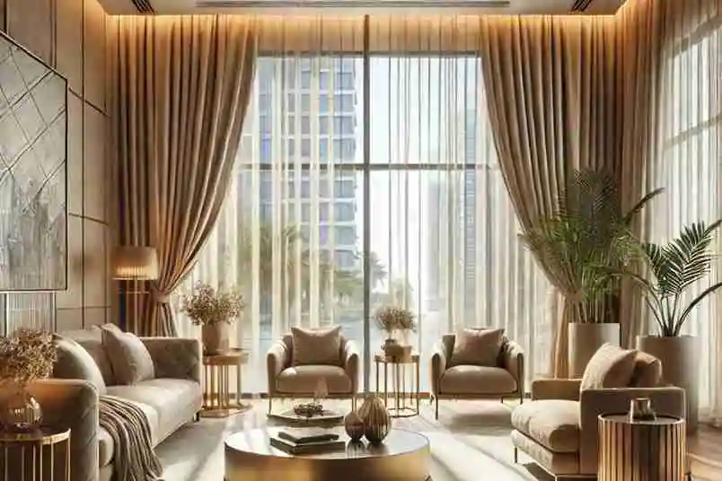 Luxury beige blackout curtains covering a large bedroom window in a modern Abu Dhabi apartment interior.