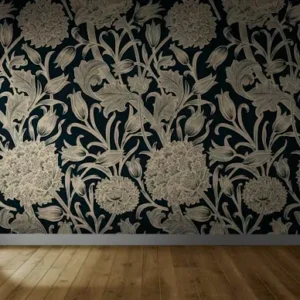 dark floral wallpaper feature wall with spotlight effect.