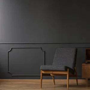 dark modern wall panels in a stylish living room with chair and wooden cabinet.