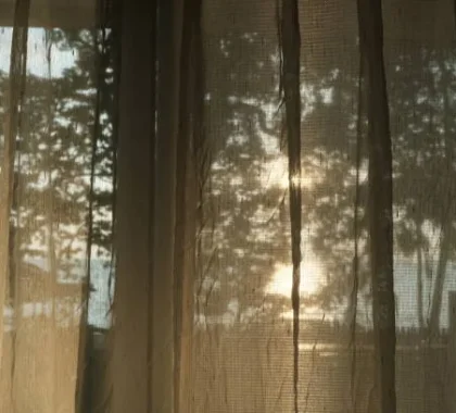 sheer fabric curtains with sunlight passing through near window view