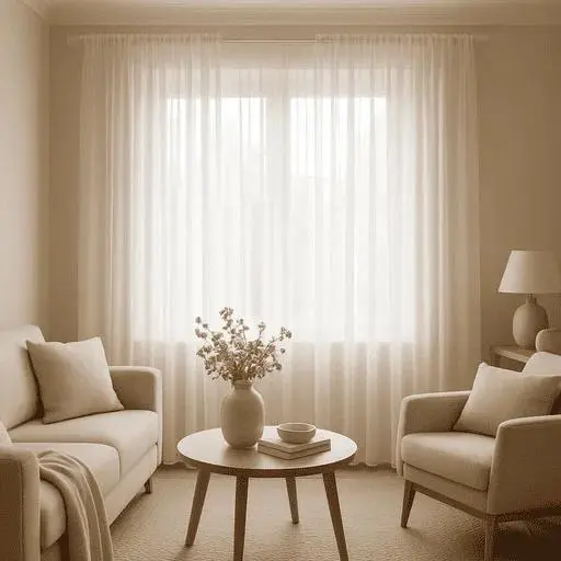 Neutral bedroom sitting area with soft blackout curtains filtering daylight in an Abu Dhabi home.