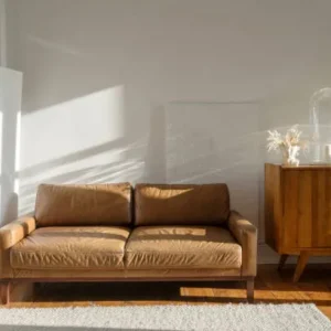tan leather couch upholstery in a sunlit luxury living room with wooden cabinet.